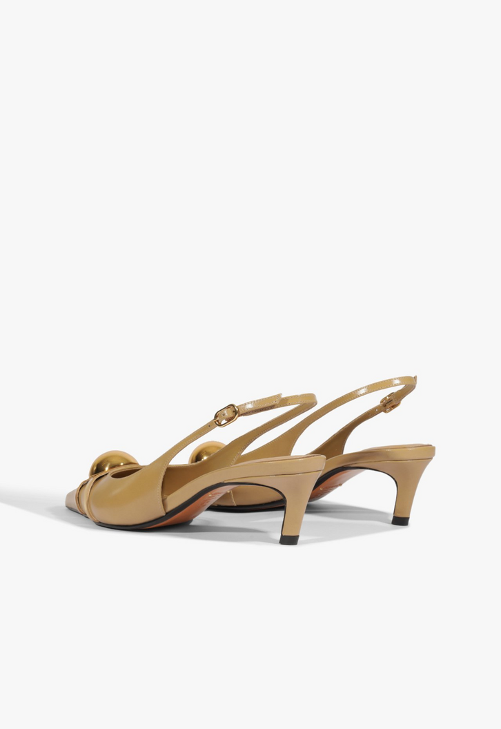 Scarpin Slingback Salto Mini Couro Enfeite Bege