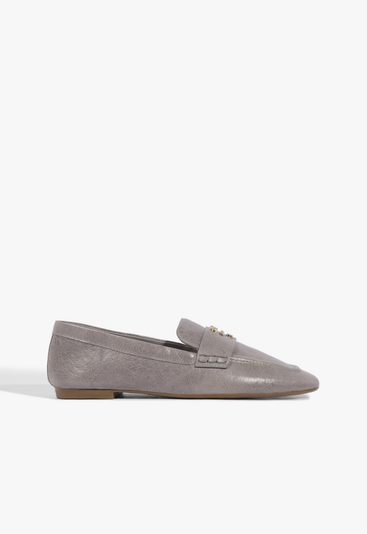 Mocassim Bico Quadrado Couro Cinza