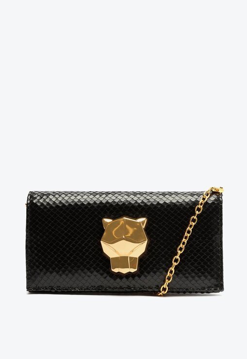 BOLSA CARTEIRA PRETA SCHUTZ MINI ICON PANTHER COURO SNAKE
