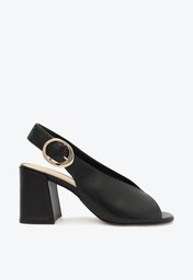 Sandália Preta Arezzo Couro Salto Bloco Cabedal Slingback