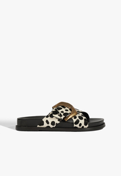 Sandália Papete Couro Fivela Preta Animal Print Branca