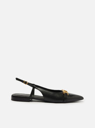 Sapatilha Preta Arezzo Couro Bico Fino Slingback Metal