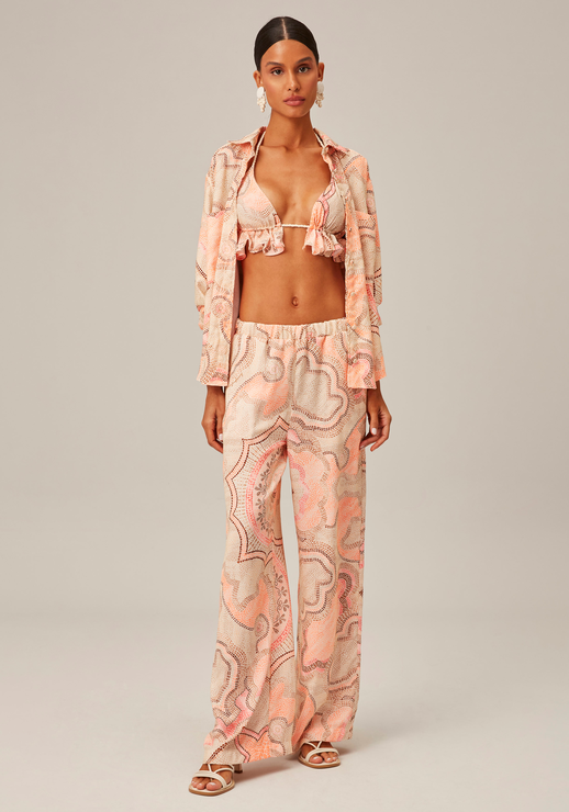 Calça Rosa Lança Perfume Wide Leg Cintura Alta Estampada