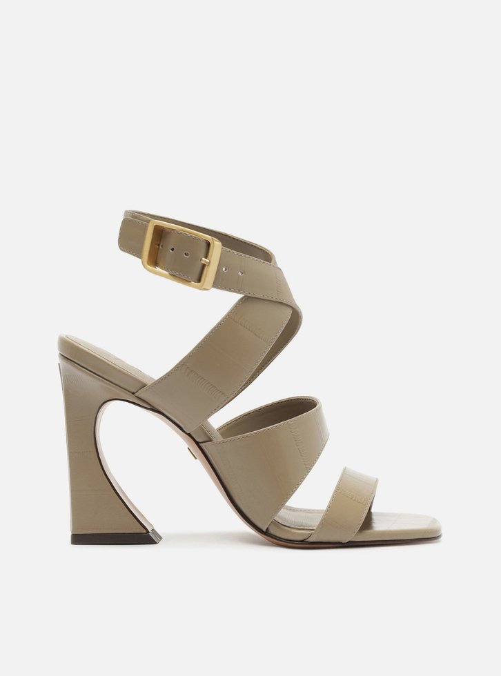 Sandália Cinza Couro Salto Alto Geométrico Flare