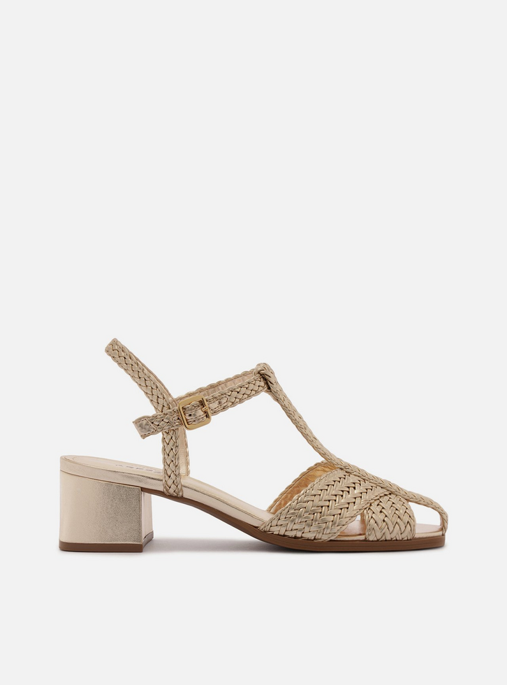 Sandália Dourada Salto Baixo Bloco Tiras Trançadas