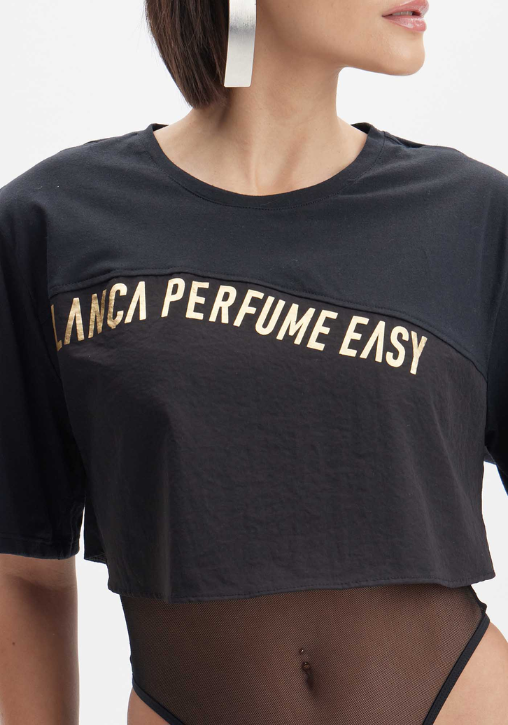 Body Preto Lança Perfume Com T-Shirt