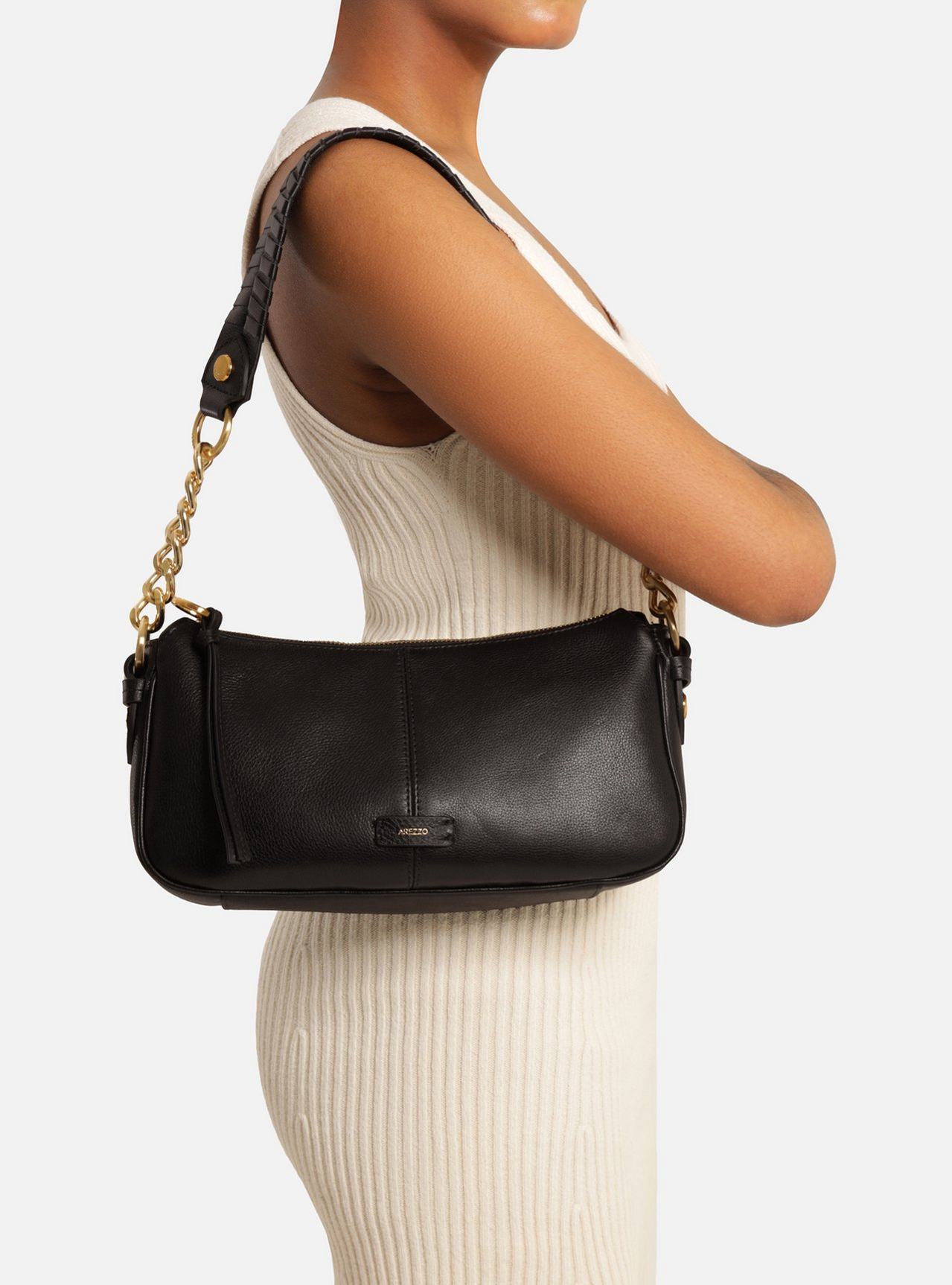 Bolsa Shoulder Preta Couro Média Costura Corrente | ZZ MALL