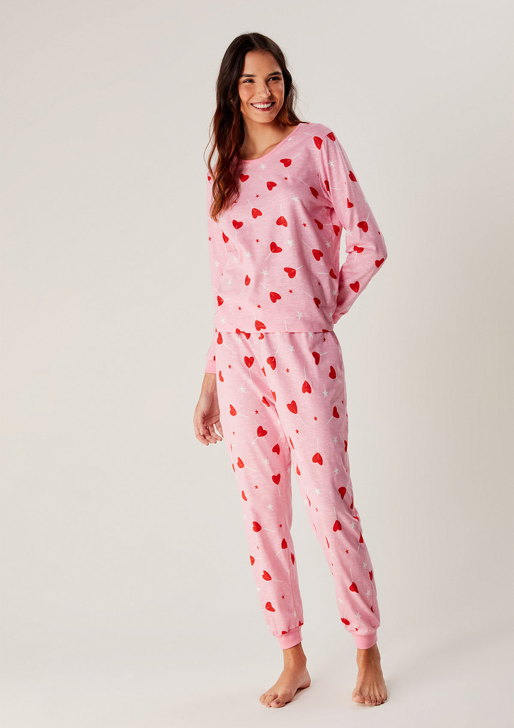 Pijama Rosa Médio Hering Longo Estampado Em Malha Flamê