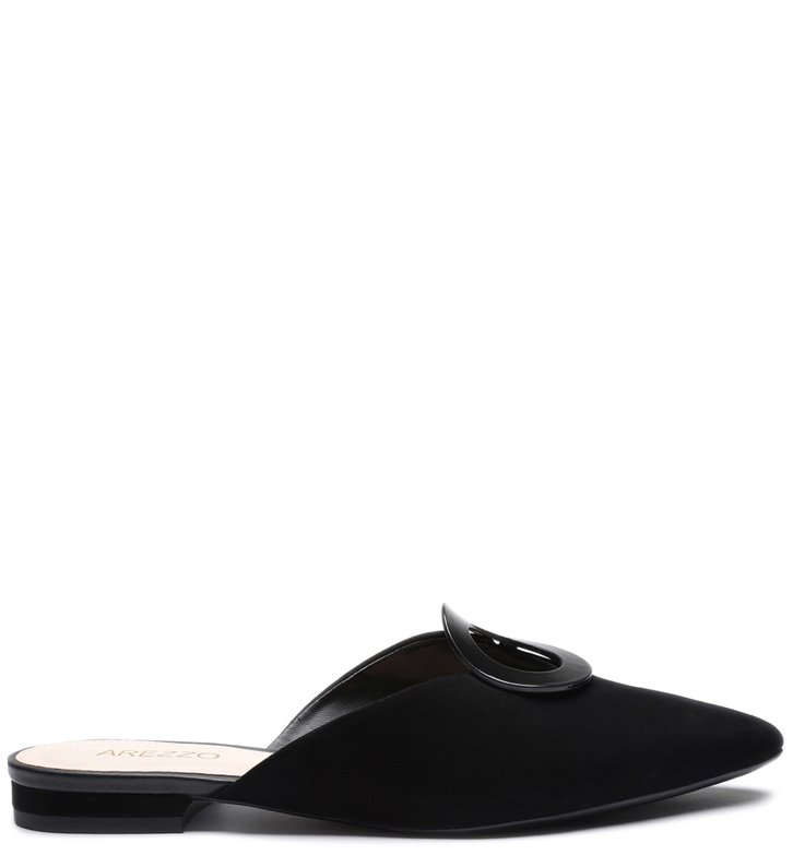 Mule Nobuck Rasteira Fivela Resina Preta