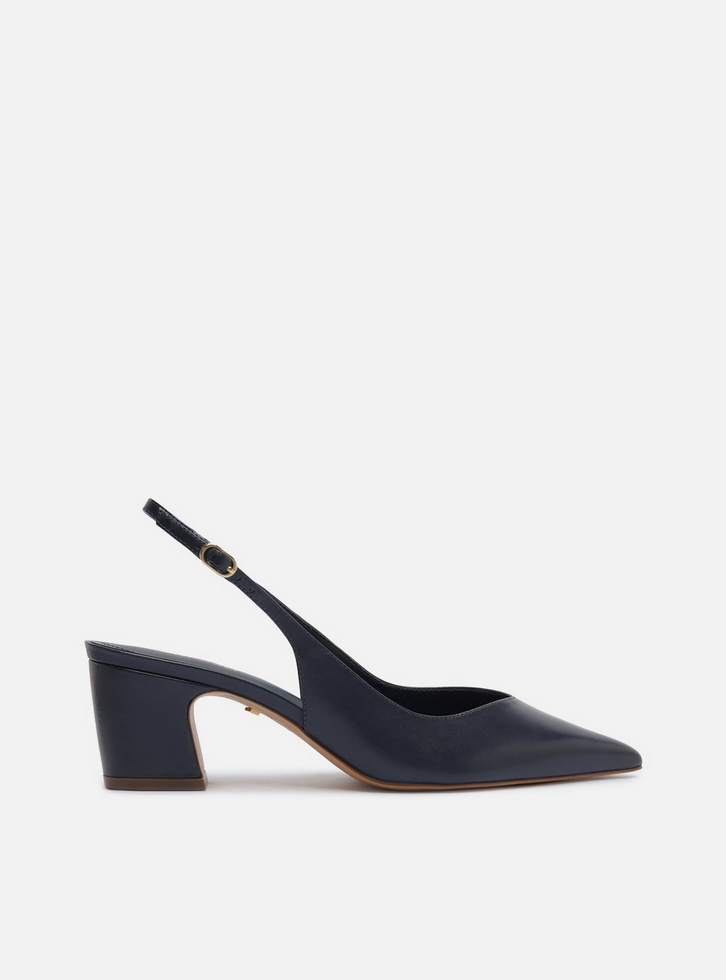 Scarpin Azul Couro Salto Médio Bloco Slingback
