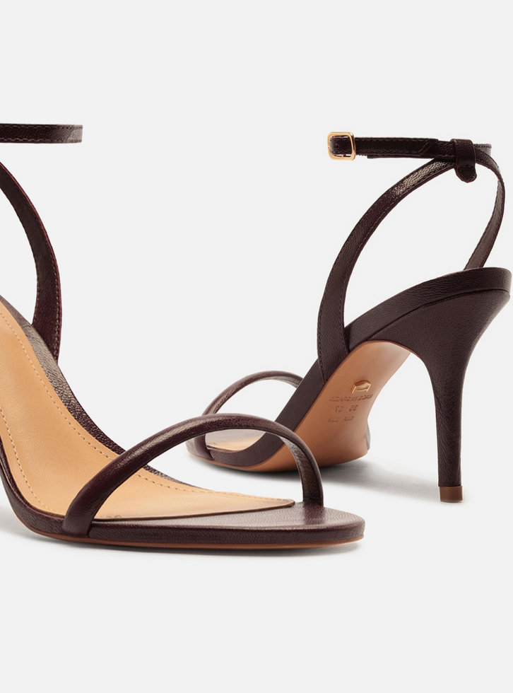 Sandália Bordô Couro Salto Fino Tiras Minimal