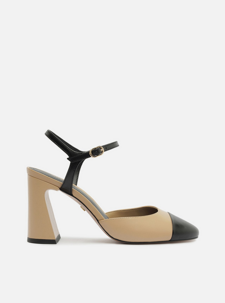 Scarpin Multineutro Couro Salto Bloco Fivela Slingback Cap Toe