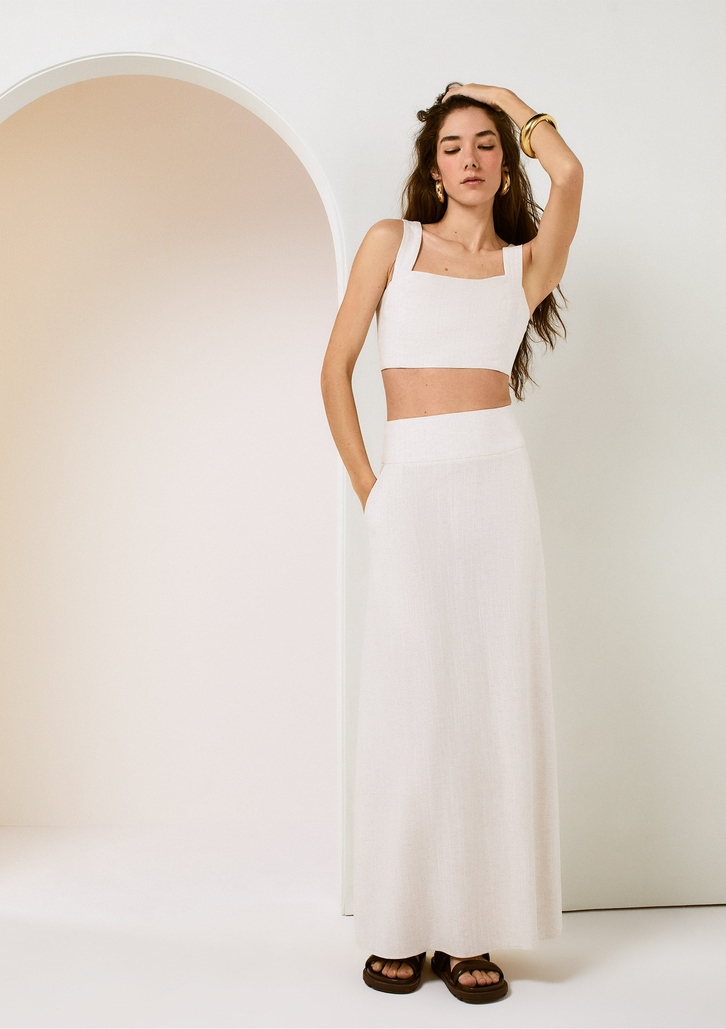 Saia Longa Off White DZARM Evasê Em Viscose Com Linho