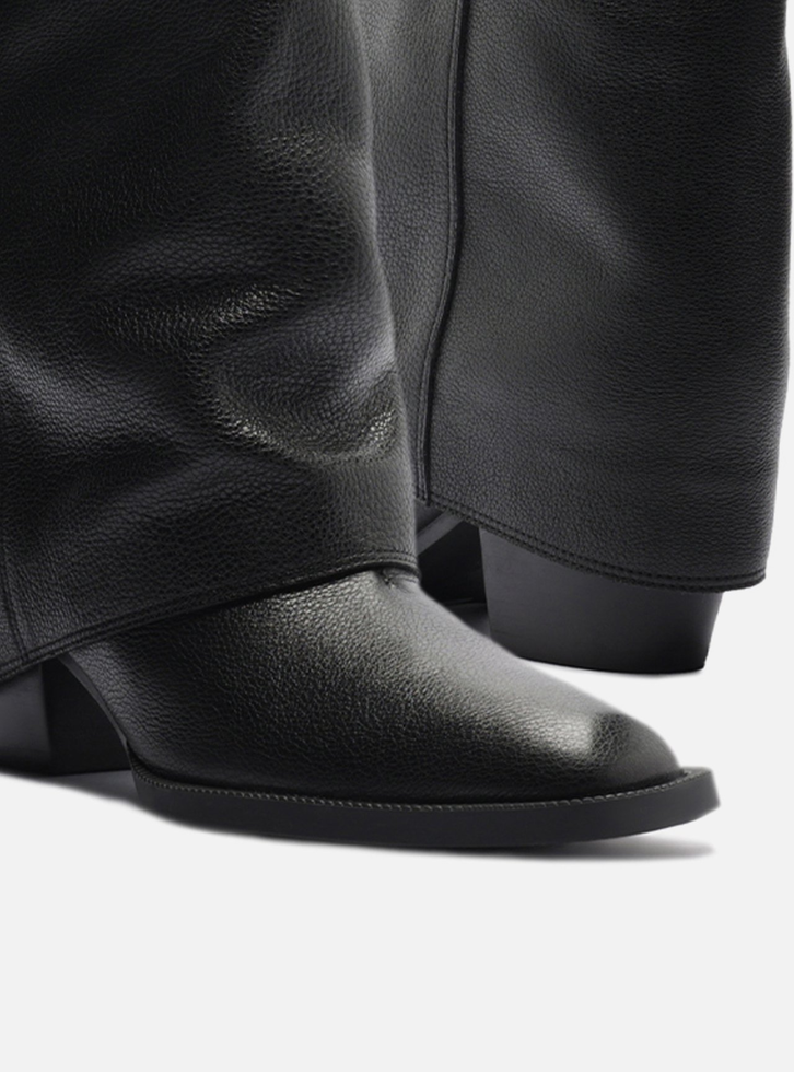 Bota Preta Couro Cano Longo Polaina Folk