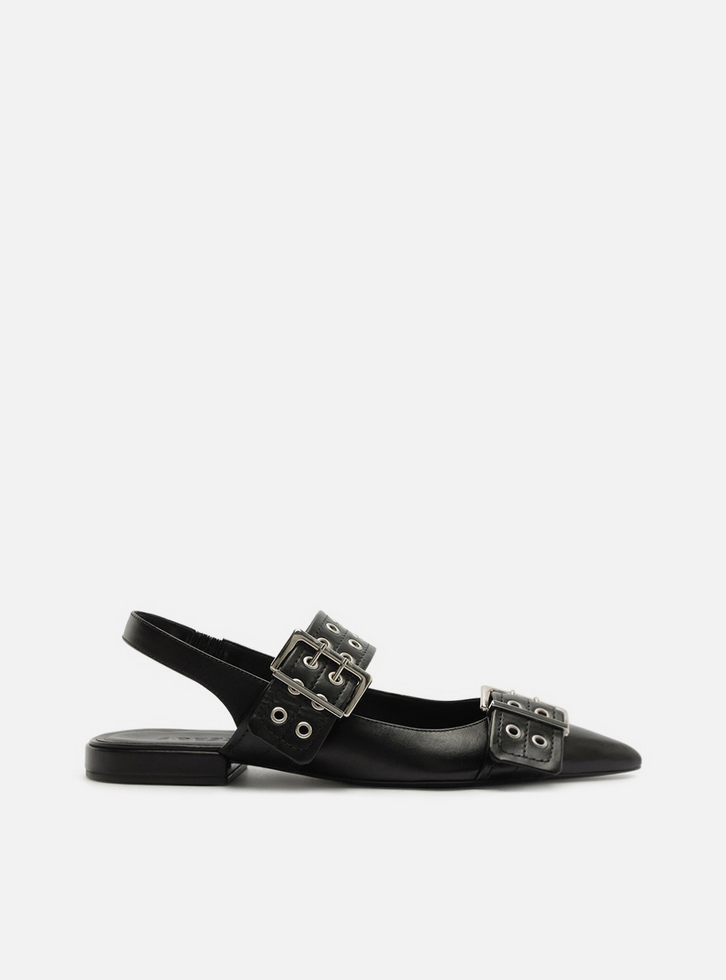 Sapatilha Preta Couro Slingback