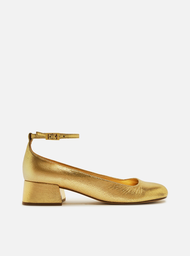 Sapato Dourado Arezzo Boneca Couro Salto Bloco Fivela