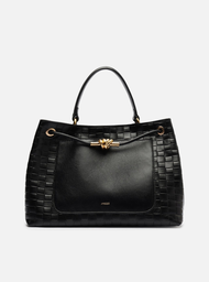 Bolsa Tote Preta Couro Tressê Grande Nó Metal