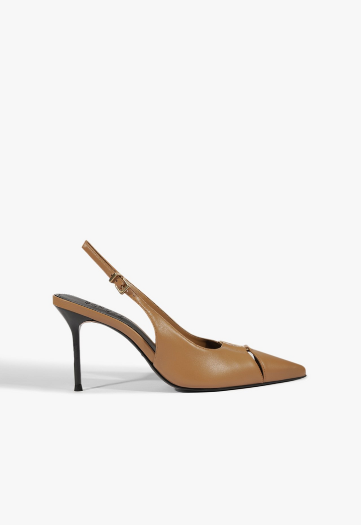 Slingback Salto Fino Couro Marrom