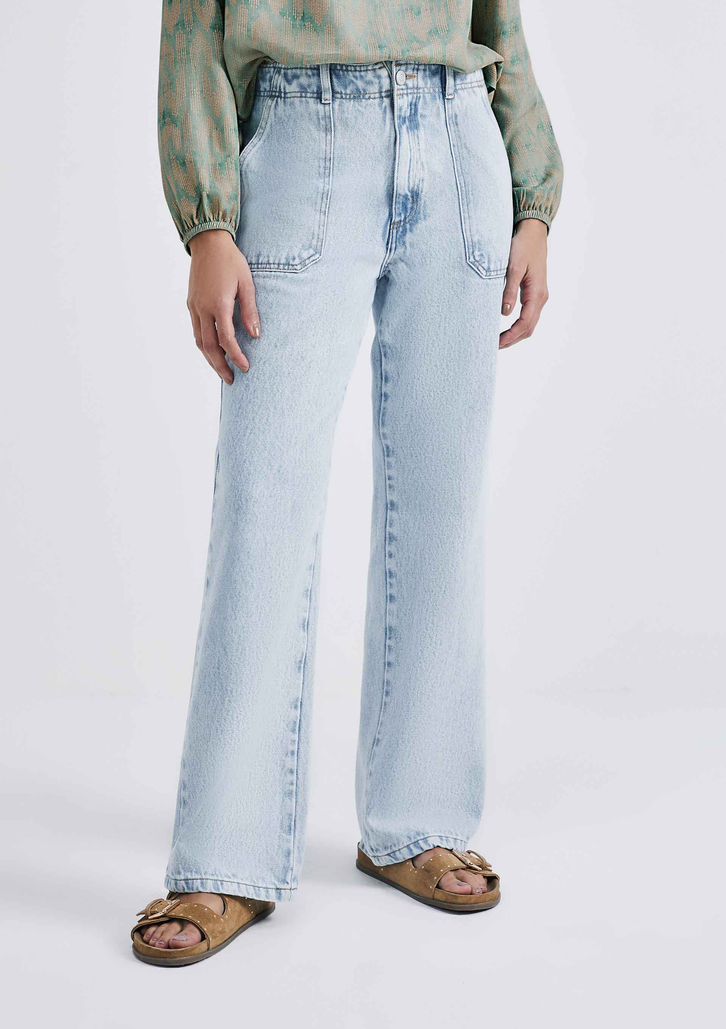 Calça Jeans Azul Claro Hering Feminina Wide Leg Cintura Alta