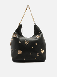Bolsa Hobo Preta Arezzo Couro Grande Metais Fun