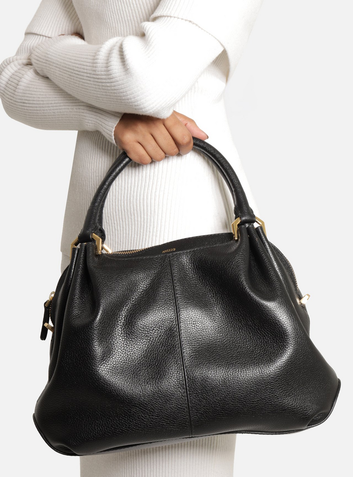 Bolsa Tote Preta Couro Grande Franzida