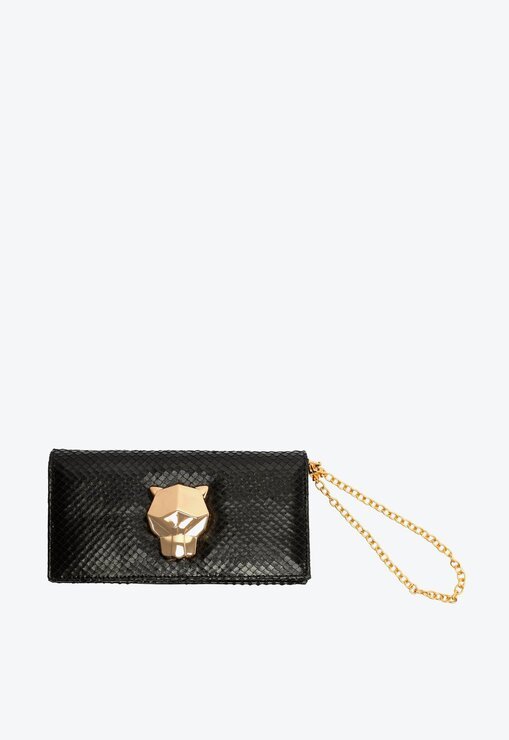 BOLSA CARTEIRA PRETA SCHUTZ MINI ICON PANTHER COURO SNAKE