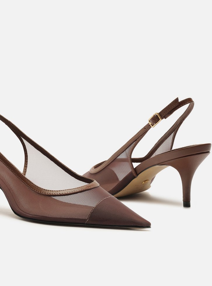 Scarpin Marrom Arezzo Tela Salto Kitten Slingback
