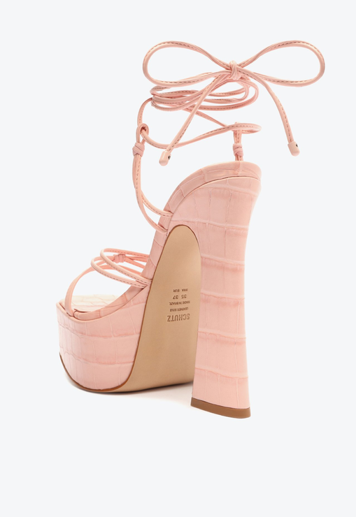 Sandália Athena Plataforma Croco Amarração Rosa