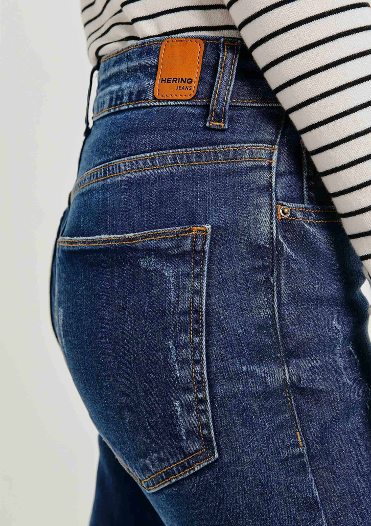 Calça Jeans Azul Escuro Hering Básica Feminina Cintura Média Skinny Com Puídos