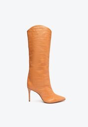 Bota Laranja Schutz Cano Longo Salto Maryana Couro Croco