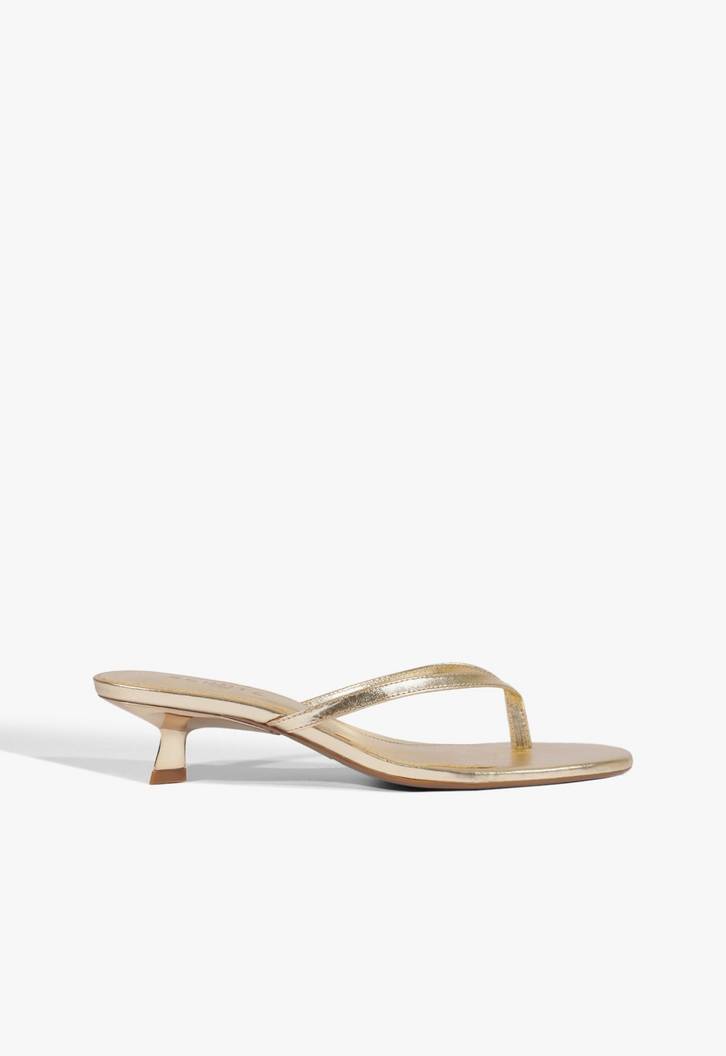 Sandália Mule Tiras Salto Baixo Couro Dourado