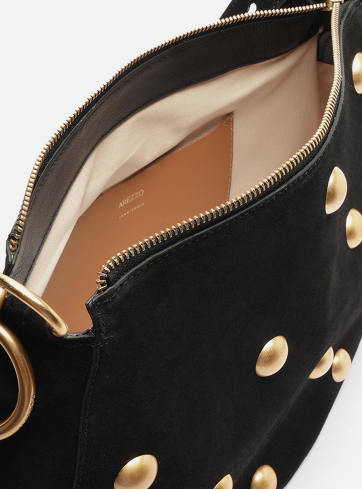 Bolsa Tiracolo Preta Suede Grande Tachas | ZZ MALL