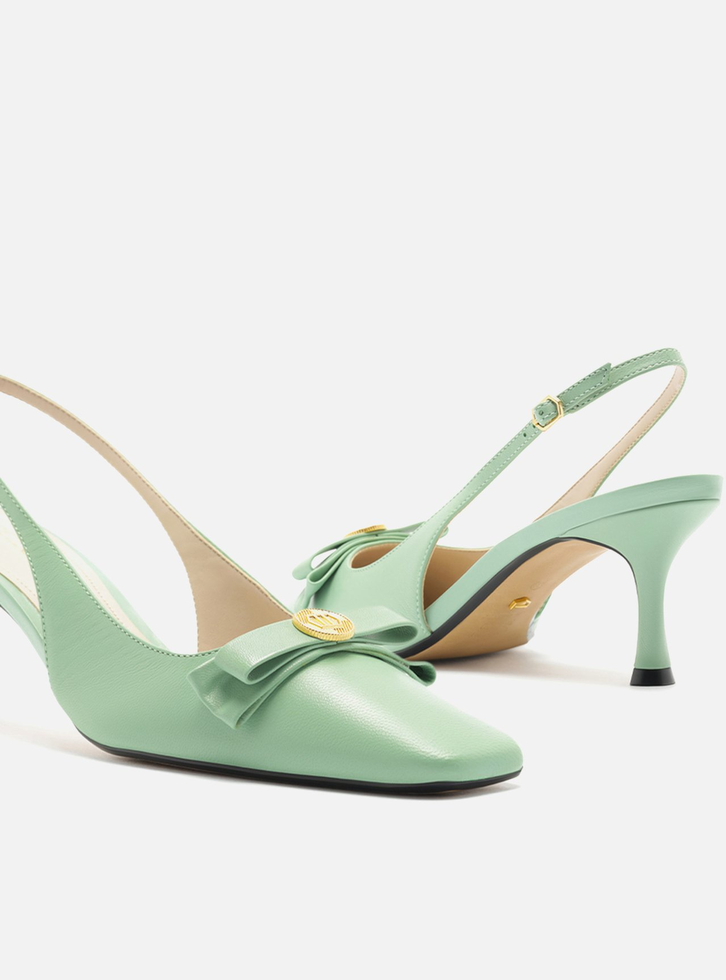 Scarpin Verde Arezzo Couro Bico Quadrado Slingback Laço