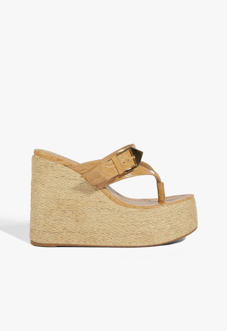 Sandália Anabela Scalea Couro Ráfia Marrom Clara