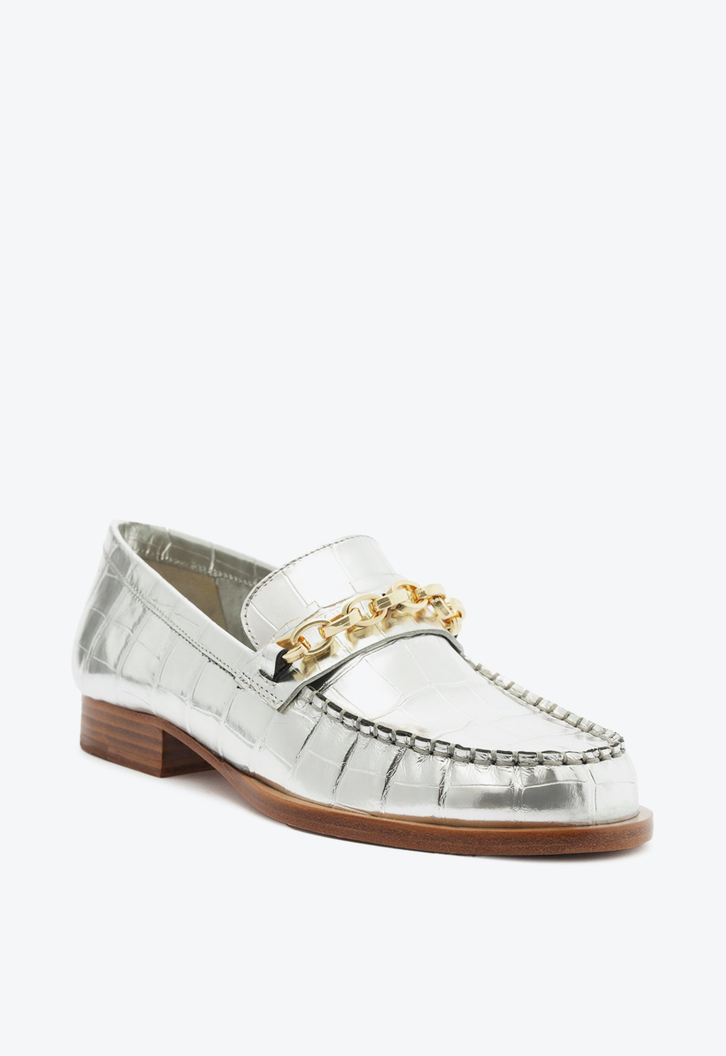 Mocassim Chain Ornamental Couro Prata