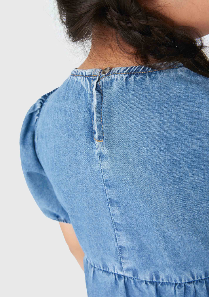 Vestido Azul Hering Jeans Infantil Com Manga Bufante