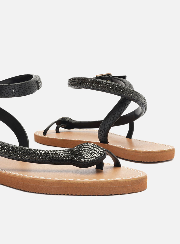 Sandália Rasteira Preta Brizza Snake Strass Lille | ZZ MALL
