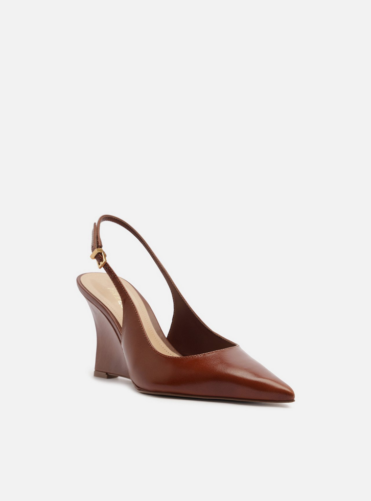 Scarpin Marrom Couro Salto Alto Anabela Slingback
