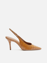 Scarpin Marrom Arezzo Croco Bico Fino Slingback Corrente