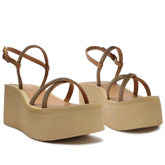 Sandália Flatform Marrom Liz Tiras Brilho Glam