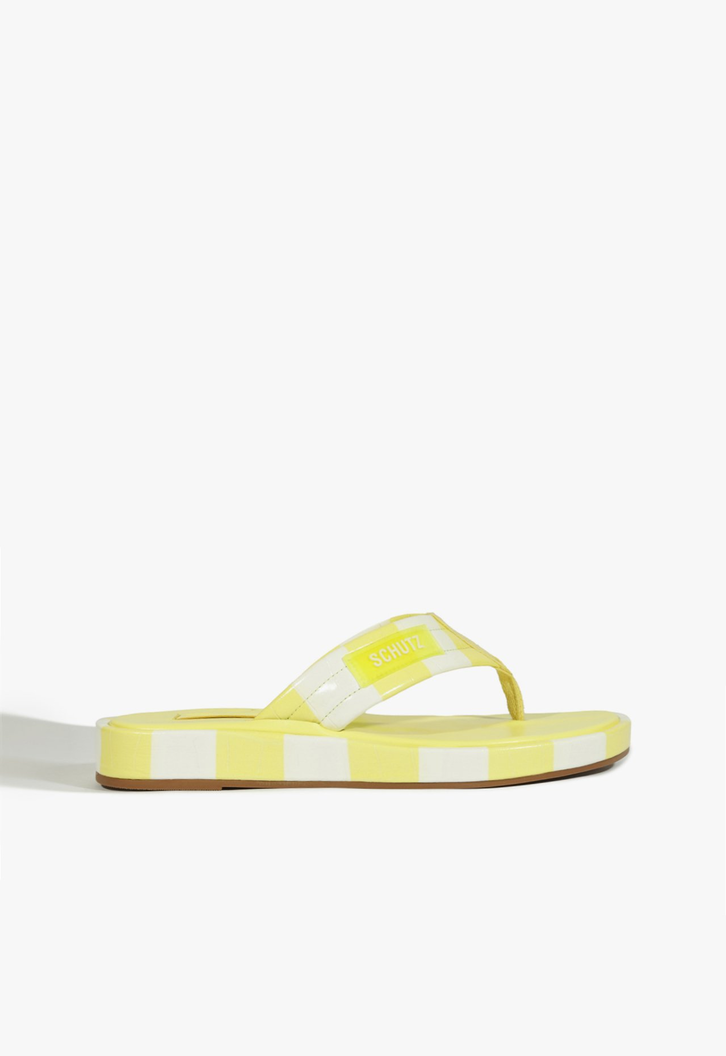 Chinelo Couro Croco Listras Amarelo Neon