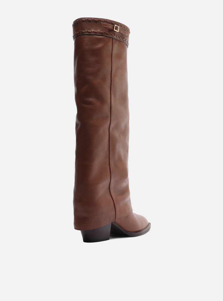 Bota Caramelo Couro Cano Longo Polaina Folk