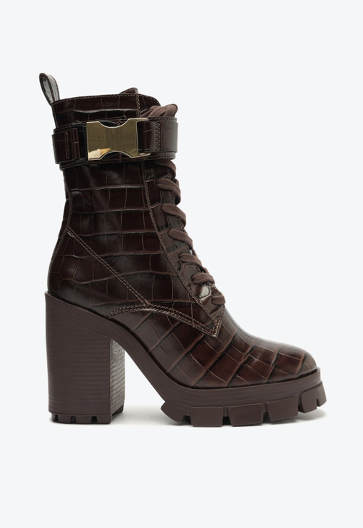 Bota Coturno Marrom Schutz Roslyn Buckle Couro Croco ZZ MALL