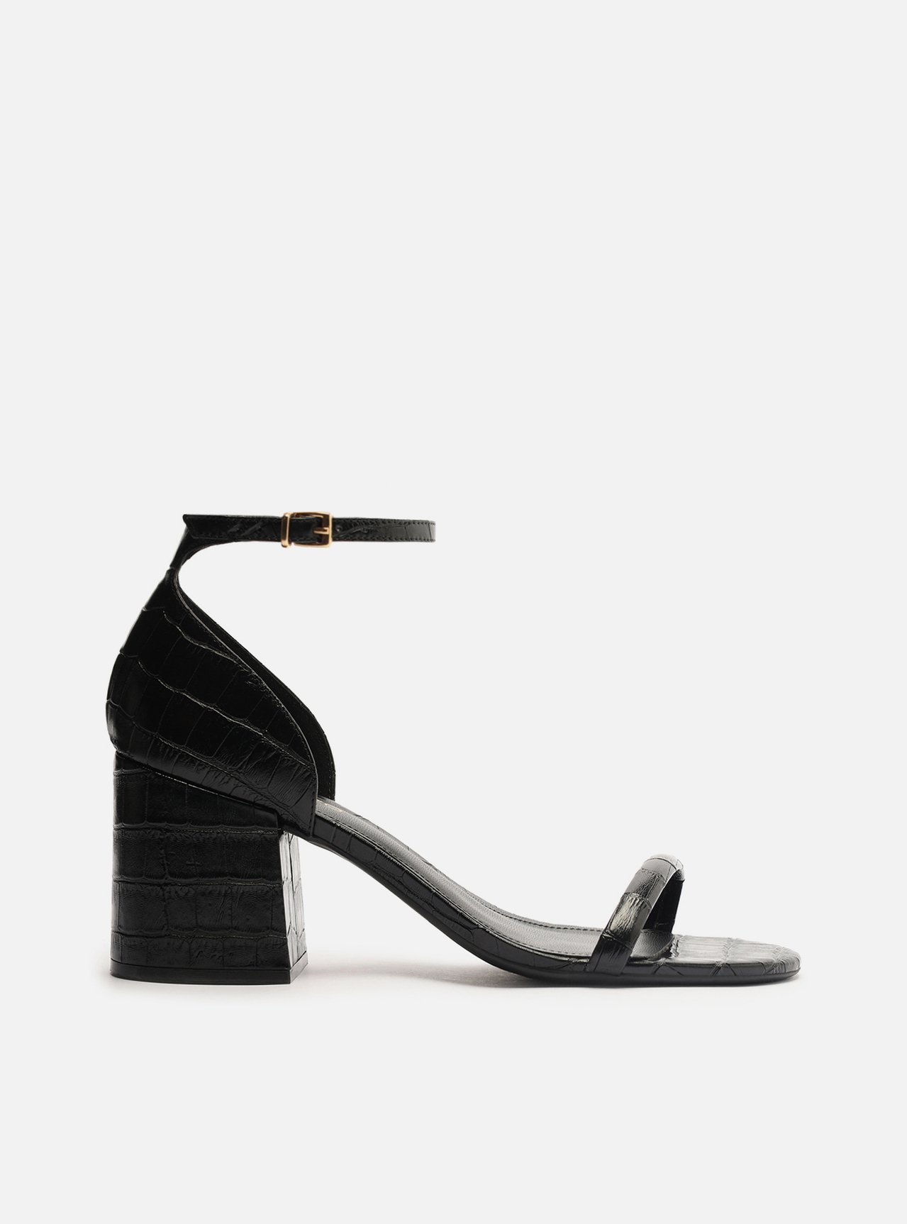 Sandália Preta Croco Salto Médio Bloco | ZZ MALL
