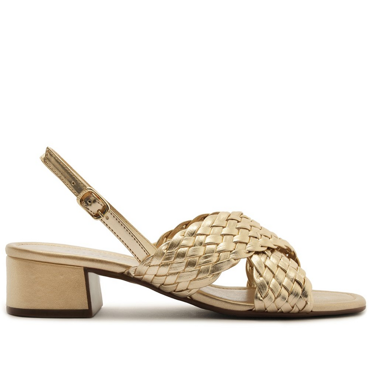 Sandália Salto Bloco Tiras Cruzadas Dourada