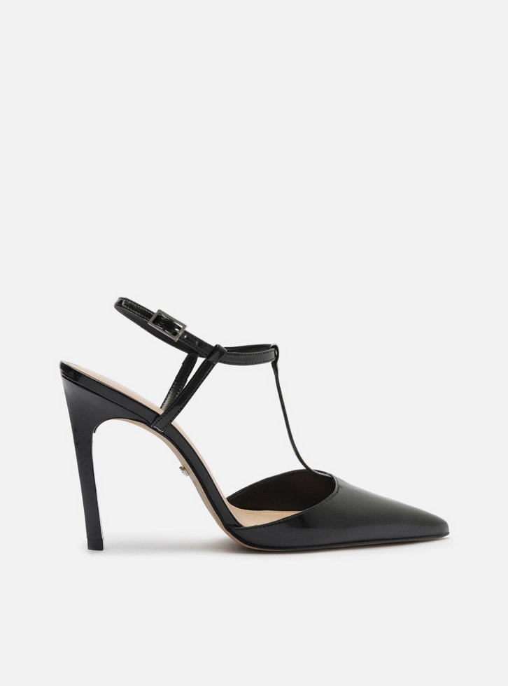 Scarpin Preto Verniz Salto Alto Aberto Tiras