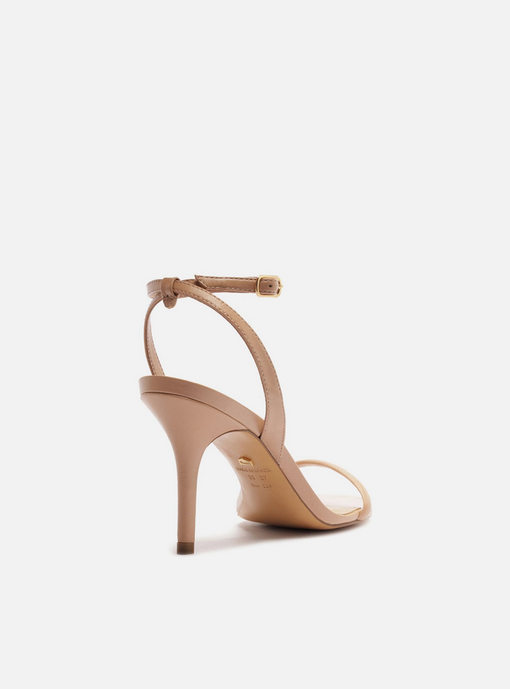 Sandália Bege Couro Salto Fino Tiras Minimal