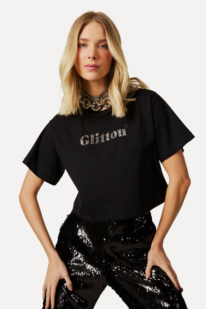 Camiseta Preta Cropped Reversa Glittou