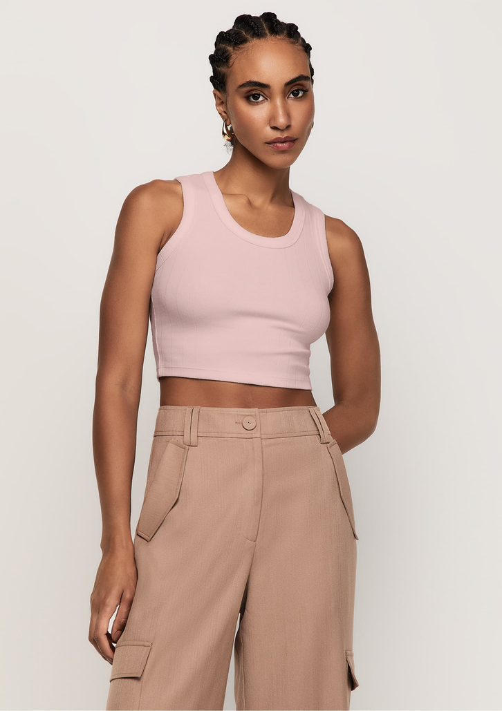 Top Rosa Dzarm Canelado Alças Largas Cropped
