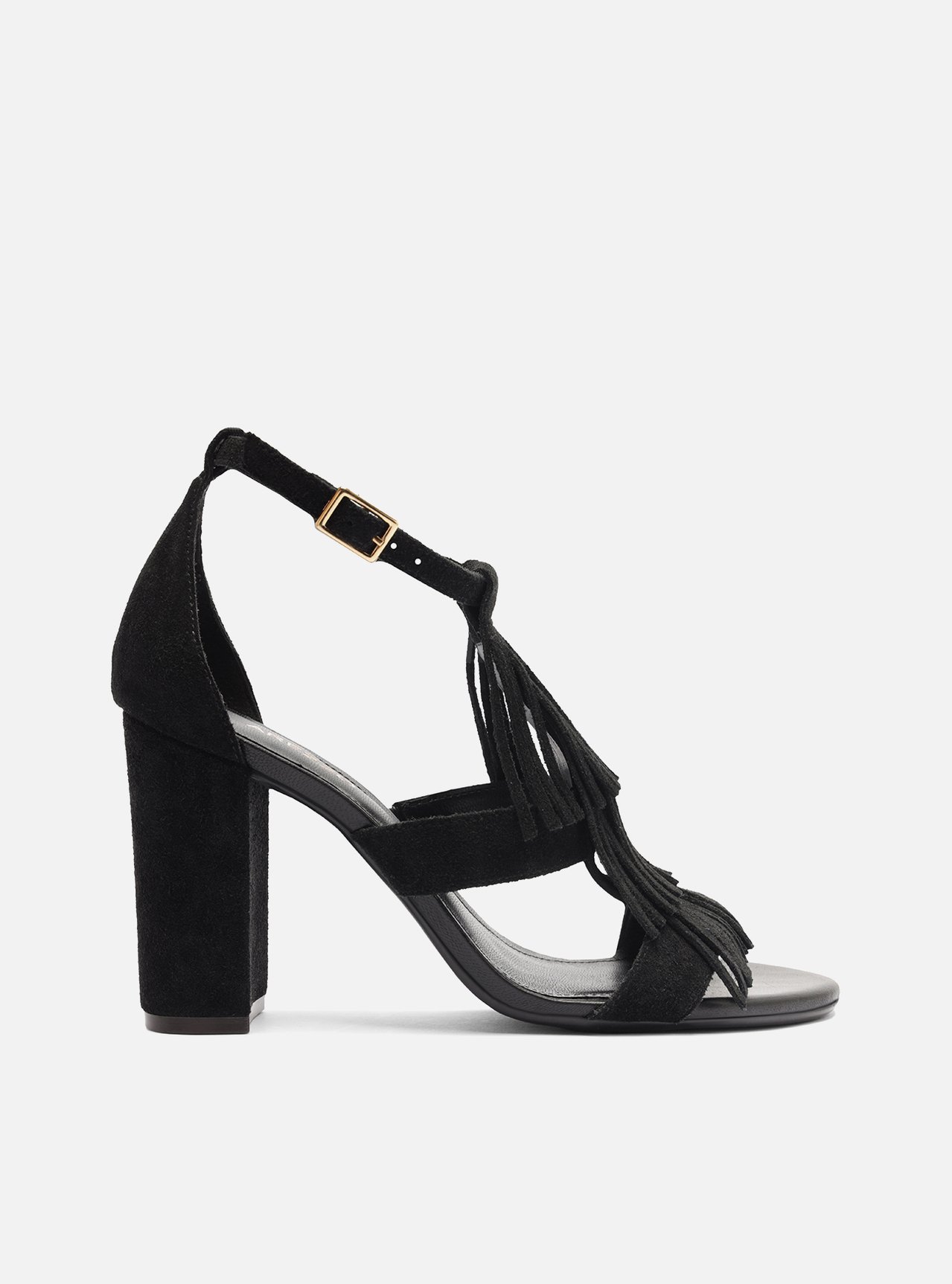 Sandália Preta Franjas Camurça Salto Bloco | ZZ MALL